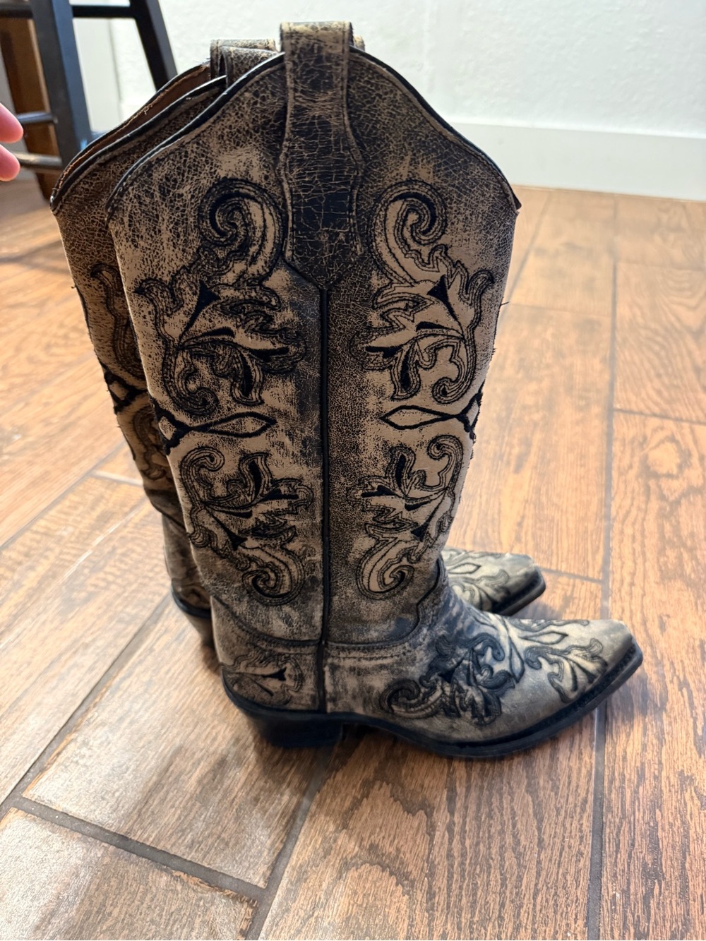 Distressed Gray Embroidered Western Heeled Boots